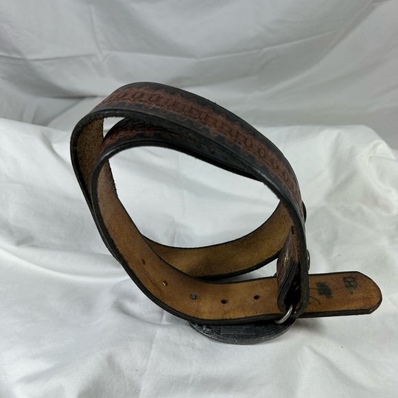 Vintage Bergamot Brass Works 1983 SALOON cowboys belt buckle and brown belt 34 - Picture 4 of 14